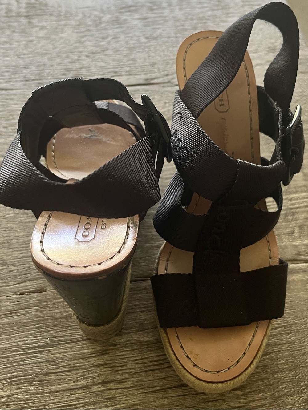 Coach Black Strappy Wedge Sandals with Buckle